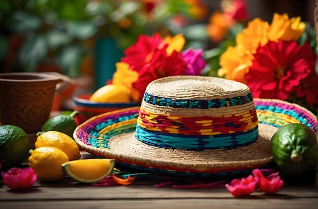 Le sombrero Cinco de Mayo repose sur une table à côté d'un bol de citrons verts