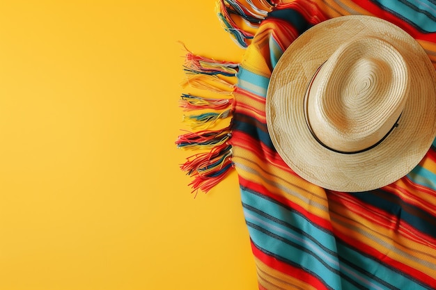 Un sombrero et une couverture mexicaine sur un fond jaune
