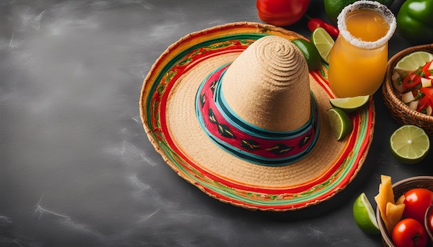 un sombrero est sur une table avec des légumes et des fruits