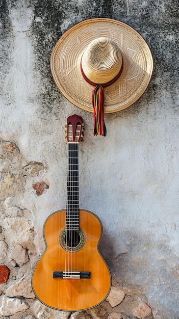 Photo un sombrero et une guitare mariachi appuyés contre un mur clair et uni