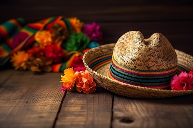Sombrero mexicain et autres trucs authentiques de Cinco de mayo Fond en bois