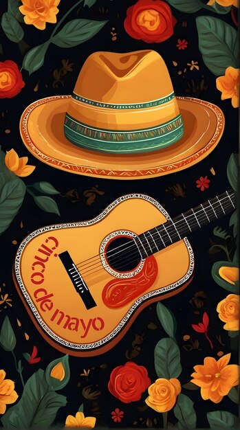 Sombrero mexicain et guitare et fleurs fête espagnole Cinco de mayo célébration ai généré