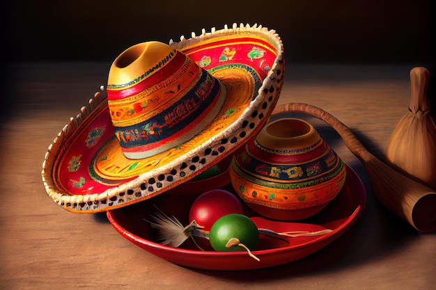 Sombrero mexicain maracas et piments sur fond de couleur Generative Ai