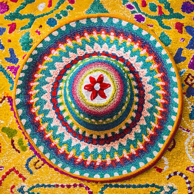 Sombrero mexicain traditionnel multicolore sur tapis jaune