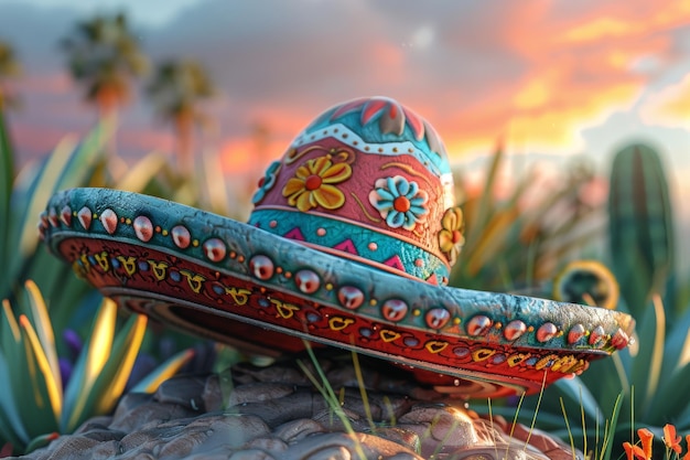 Un sombrero vibrant est assis sur un agave alors que le soleil se couche derrière un paysage montagneux