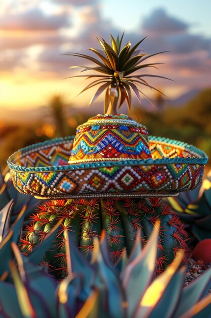 Un sombrero vibrant est assis sur un agave alors que le soleil se couche derrière un paysage montagneux