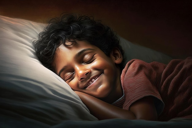 Sommeil béat Joyeux enfant latino Sourire radieux Rêvant au lit Ai générative