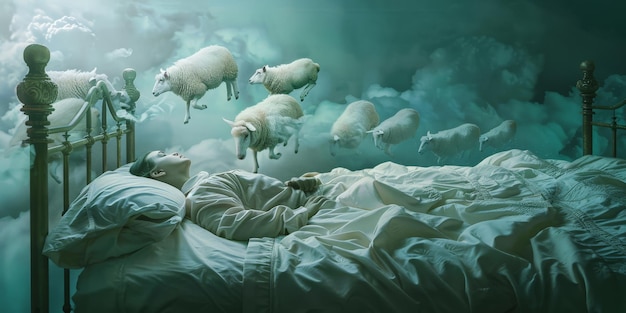 Un sommeil serein sous un ciel étoilé avec des moutons à la dérive au-dessus du sommeil et des rêves