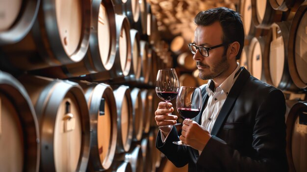 Photo un sommelier confiant tourbillonne et renifle du vin rouge dans un verre tout en l'inspectant dans une cave à vin.