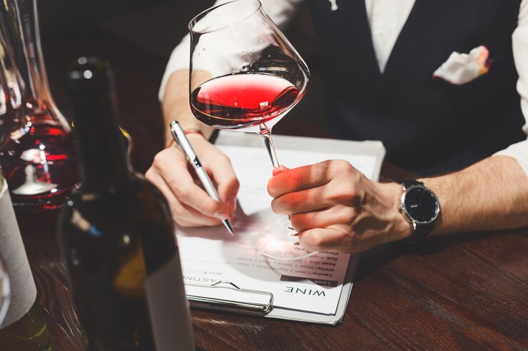 Photo le sommelier écrit sur le presse-papiers décrivant le vin rouge à table
