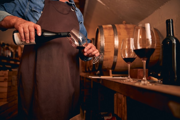 Sommelier Masculin Dans Un Tablier Marron Debout Dans La Cave Et Versant Du Vin Dans Un Verre