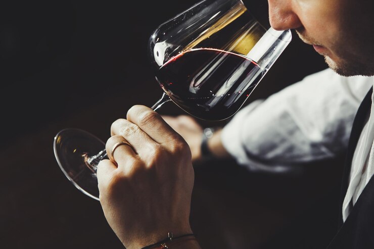 Photo le sommelier renifle du vin rouge dans un verre sur fond noir