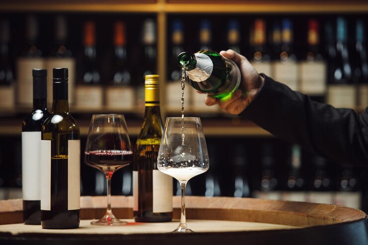 Photo le sommelier versant du vin mousseux dans la cave