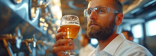 Photo les sommeliers brasseurs prennent des échantillons de bière artisanale de la brasserie et en évaluent la couleur et la qualité.