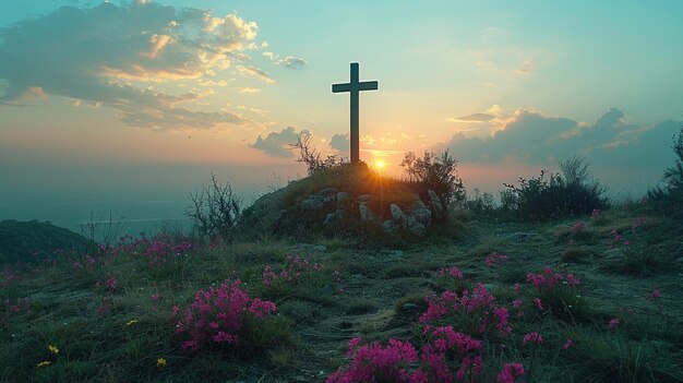 Un sommet de colline tranquille avec une silhouette de croix en arrière-plan