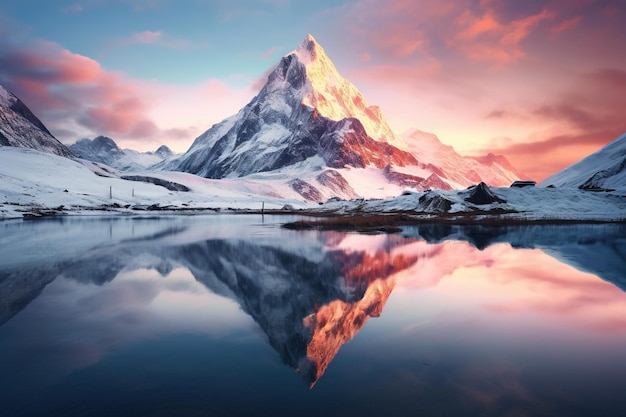 Le sommet enneigé d'une montagne se reflétait parfaitement dans un lac alpin semblable à un miroir à l'aube.