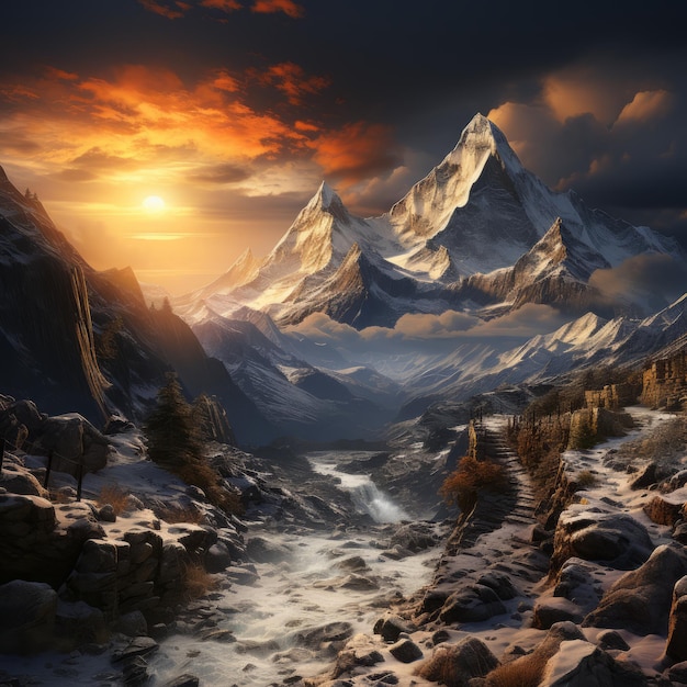 Sommet majestueux de montagne dans un paysage hivernal tranquille