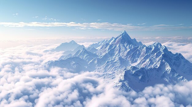 Le sommet majestueux de la montagne enneigée au-dessus des nuages