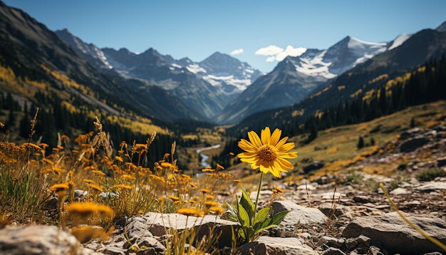 Photo le sommet majestueux de la montagne, les fleurs sauvages jaunes, les prairies tranquilles, la forêt verte générée par l'ia.