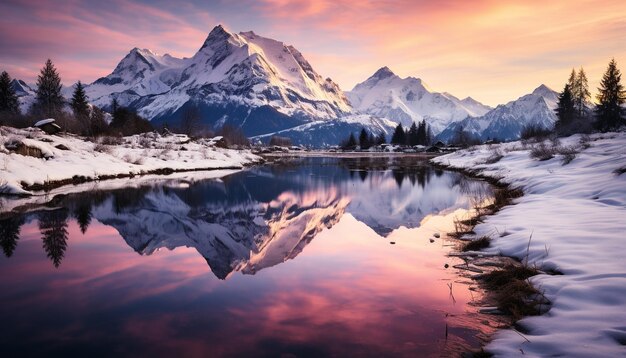 Le sommet majestueux de la montagne reflète le coucher de soleil tranquille sur l'eau glacée générée par l'IA