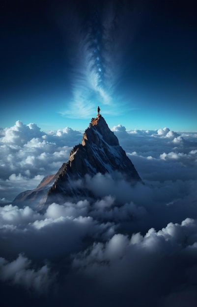 Photo un sommet de montagne au-dessus des nuages avec une personne debout au sommet