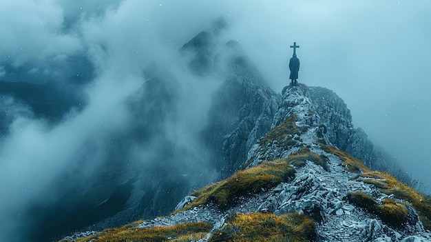 Un sommet de montagne brumeux avec un papier peint de croix solitaire