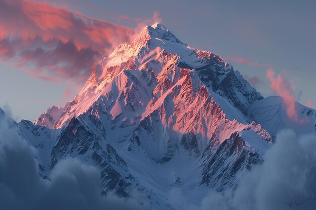 Un sommet de montagne couvert de neige au crépuscule