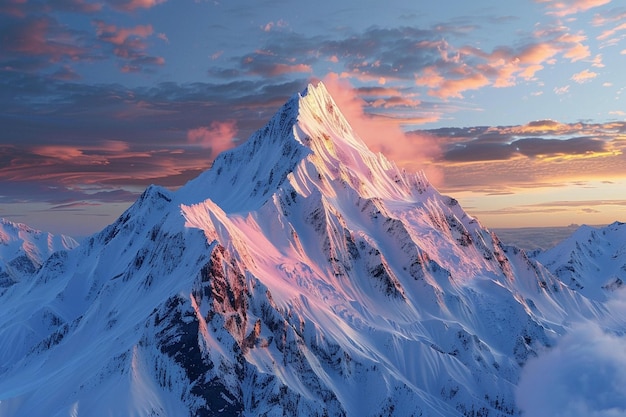 Un sommet de montagne couvert de neige au lever du soleil