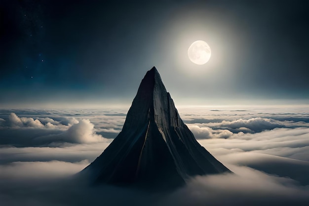 Photo un sommet de montagne dans les nuages avec la lune au-dessus