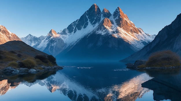 Le sommet de la montagne dans un paysage majestueux se reflète dans l'eau