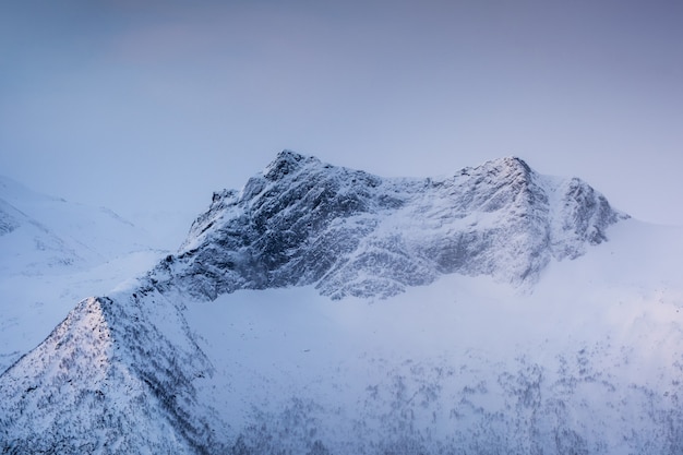 Sommet de montagne enneigée avec lumière dans le brouillard