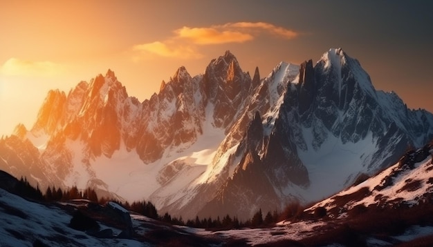Sommet de montagne majestueux au coucher du soleil une beauté panoramique dans la nature générée par l'IA
