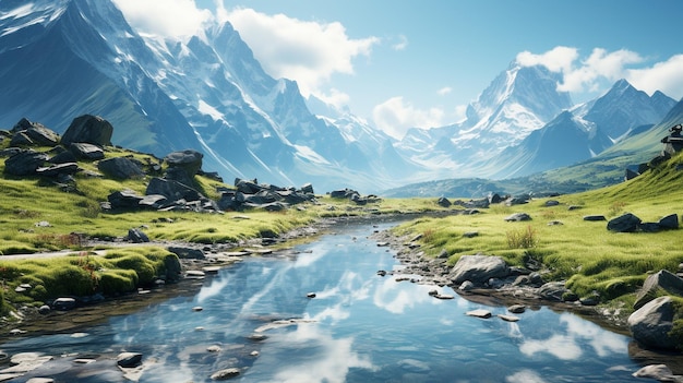 Sommet de montagne majestueux reflété dans l'eau bleue qui coule