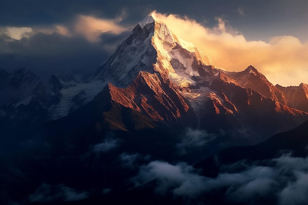 Un sommet de montagne majestueux s'élevant au-dessus des nuages