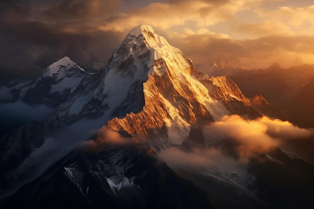 Un sommet de montagne majestueux s'élevant au-dessus des nuages