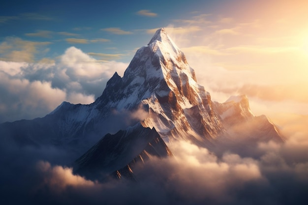 Un sommet de montagne majestueux s'élevant au-dessus des nuages