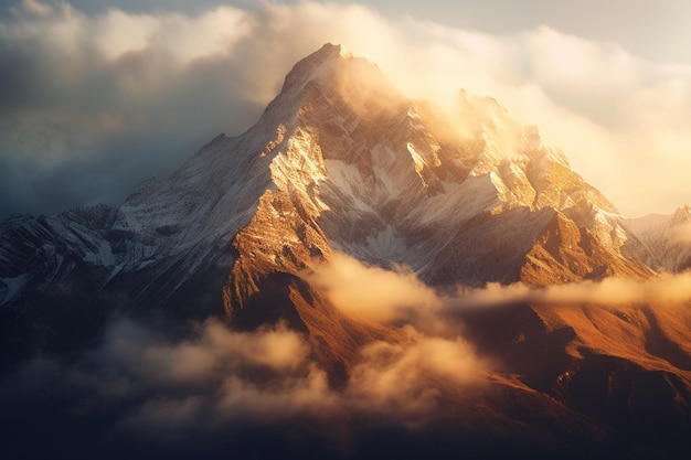 Un sommet de montagne majestueux s'élevant au-dessus des nuages