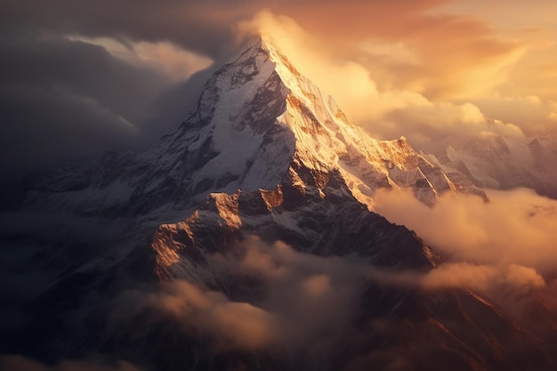 Un sommet de montagne majestueux s'élevant au-dessus des nuages