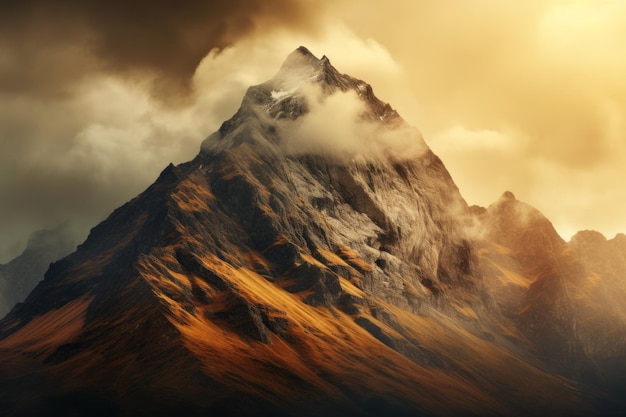 Un sommet de montagne majestueux s'élève au-dessus des nuages