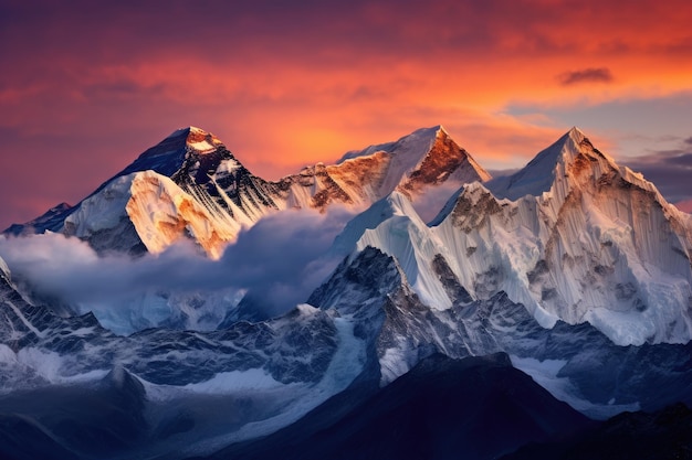 Le sommet de la montagne Matterhorn au coucher du soleil dans l'Himalaya au Népal Le ciel du crépuscule sur le mont Everest Nuptse Lhotse et Makalu dans l'Himalaya au Népal Généré par l'IA