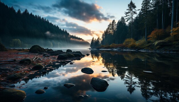 Le sommet de la montagne, une scène tranquille, se reflète dans un étang bleu serein généré par l'intelligence artificielle