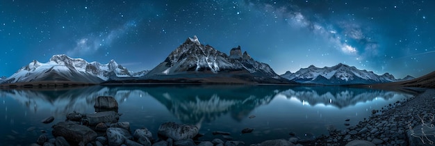 Le sommet d'une montagne sous un ciel étoilé se reflète dans un lac paysage sauvage nocturne