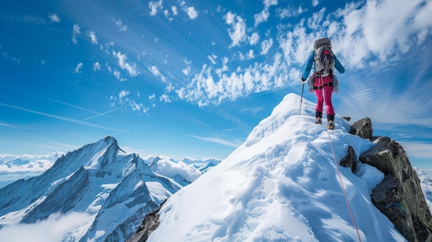Avec le sommet en vue et sa détermination inébranlable la femme grimpe au sommet de la montagne presse sur ses rêves d'atteindre le sommet à sa portée
