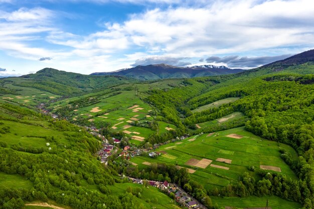 Des sommets enneigés et de belles montagnes forestières en vue aérienne d'été