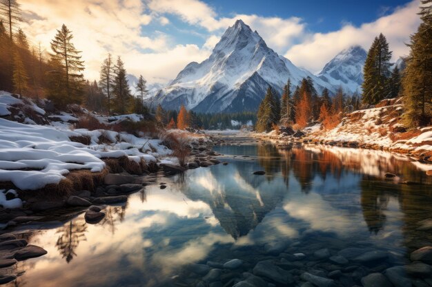 Des sommets enneigés se reflètent dans un lac alpin serein