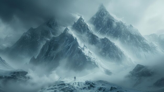 Des sommets majestueux entourés d'un voile de brouillard matinal créant un sentiment d'émerveillement et de grandeur.