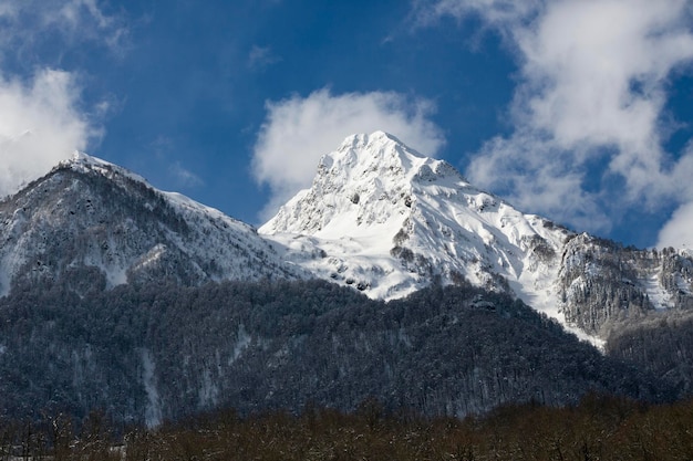 Des sommets de montagne couverts de neige et de ciel bleu Le concept de vacances d'hiver