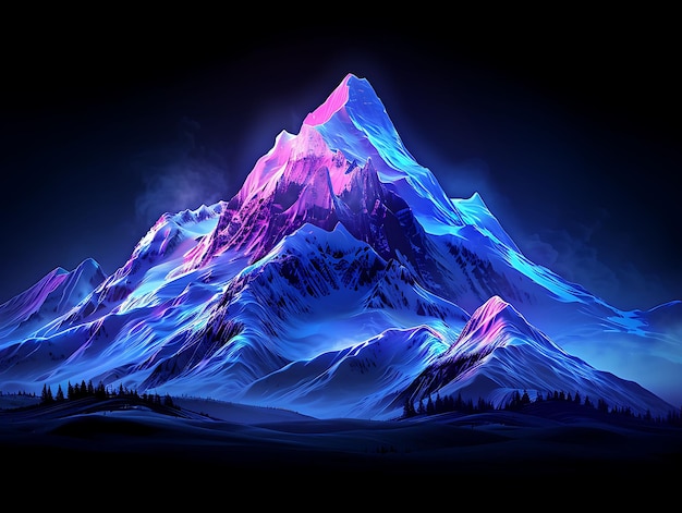 Les sommets des montagnes lumineuses au néon avec une texture couverte de neige Animé N Y2K Collage Glow Outline Design