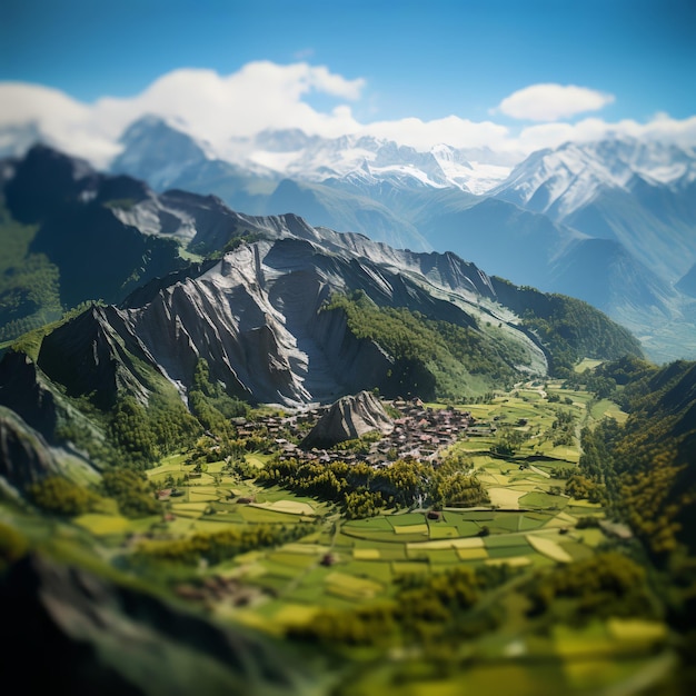 Les sommets des montagnes verdoyantes à travers la lentille TiltShift