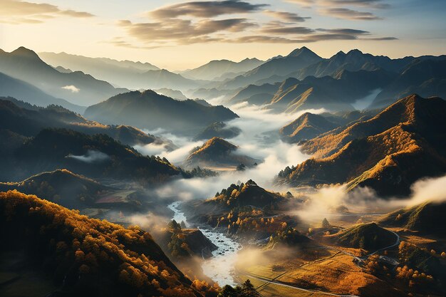 Les sommets mystiques dans les nuages bas au lever du soleil